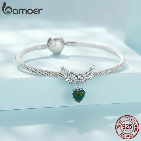 Bamoer 925 Sterling Silver Lock and Key Charms Punk Style Heart Shape Feather Bead for Women Bracelet and Bangle DIY