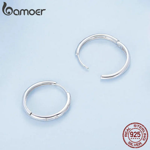 BAMOER Genuine 925 Sterling Silver Starry Ear Buckles Pave Setting CZ Star Hoop Earrings for Women Daily Wearing Fine Jewelry