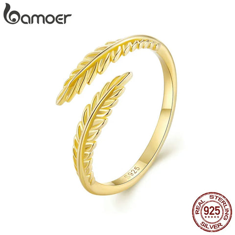 Bamoer 925 Sterling Silver Gold Leaf Opening Ring Simple Leaves Vine Adjustable Ring for Women Chic Fine Jewelry
