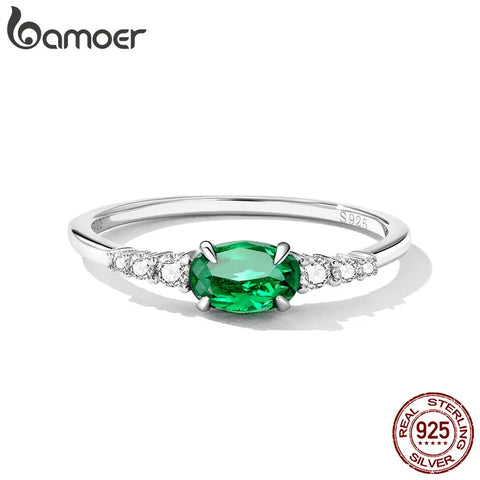 Bamoer 925 Sterling Silver Simple Gemstone Ring for Women Green Zirconium Ring Fine Jewelry Wedding Bridal Wedding Gift BSR265