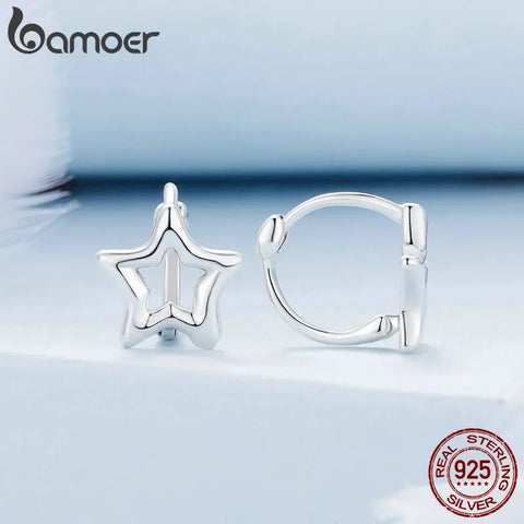 Bamoer 925 Sterling Silver Simple Star Ear Buckles Minimalist Silver Hoop Earrings for Women Girls Original Design Fine Jewelry