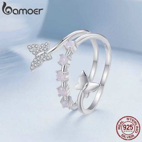 Bamoer 925 Sterling Silver Dancing Butterfly Opening Ring Fantasy Opal Adjustable Ring for Women Pave Setting CZ Fine Jewelry