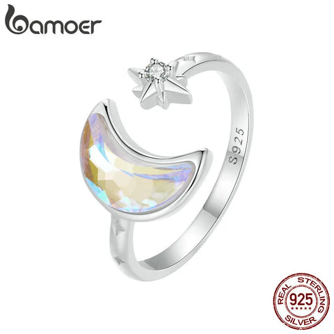 BAMOER Solid 925 Sterling Silver Moon and Star Adjustable Ring Jewelry Gift for Women BSR503-E