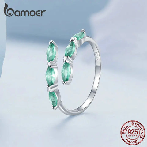 Bamoer 925 Sterling Silver Light Green Glass Opening Ring Horse's Eye Adjustable Ring for Women Party Birthday Gift Fine Jewelry