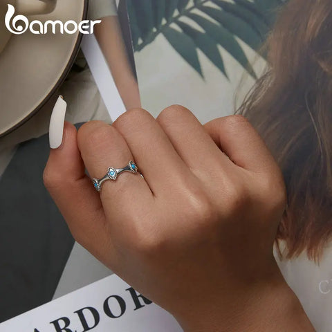 Bamoer 925 Sterling Silver Devil's Eyes Ring for Women 6-8 Size Fashion Wedding Gift Eternity Bands Turquoise Anillos SCR858