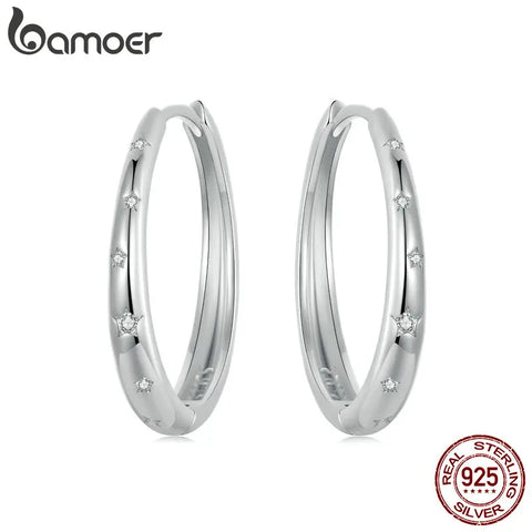 BAMOER Genuine 925 Sterling Silver Starry Ear Buckles Pave Setting CZ Star Hoop Earrings for Women Daily Wearing Fine Jewelry