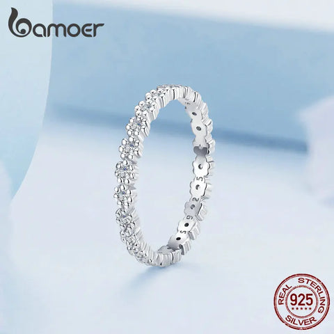 Bamoer 925 Sterling Silver Clear Zircon Wreath Finger Ring Flower Rings for Women Birthday Gift Fashion Fine Jewelry BSR346