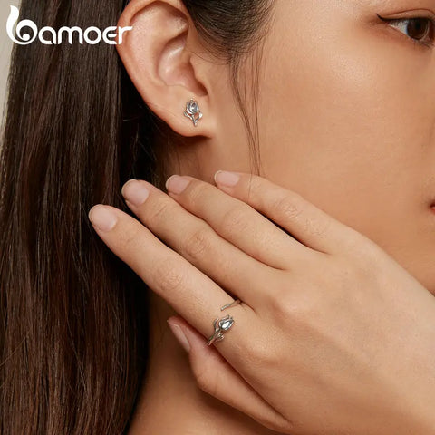 Bamoer 925 Sterling Silver Blue Tulip Opening Ring Flower & Vine Adjustable Ring for Women Romantic Fine Jewelry BSR465