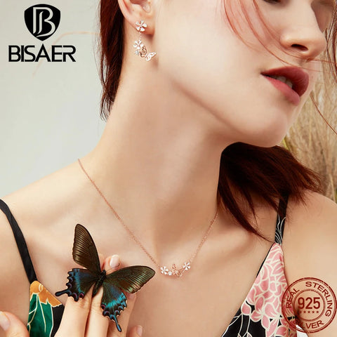 BISAER 925 Sterling Silver Butterfly & Flower Jewelry Set Necklace Earrings Plated Rose Gold For Women Elegant Fine Jewelry Gift