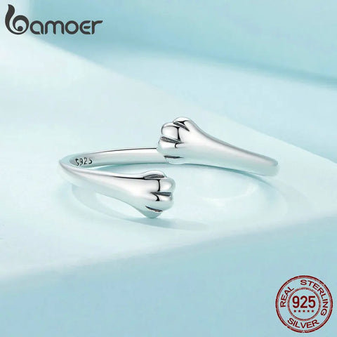 BAMOER 925 Sterling Silver Cute Cat Paw Ring, Adjustable Cat Hug Ring Fashion Jewelry for Pet Lover Chic Gift SCR961