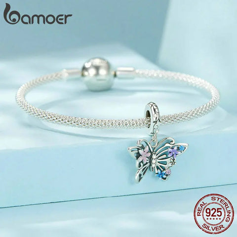 BAMOER 925 Sterling Silver Animal Pendant Beads, Butterfly Enamel Process Charms Compatible with women's bracelet necklace