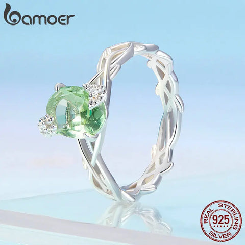Bamoer Vine Ring for Women Solid 925 Sterling Silver Green Round Gemstone Ring for Wedding Engagement Jewelry BSR466