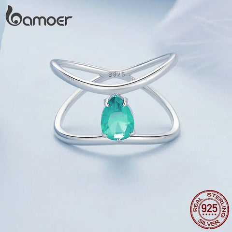 Bamoer 925 Sterling Silver Double-layer Cross Ring Light Green Glass Geometric Line Ring Platinum Plated Fine Jewelry for Women