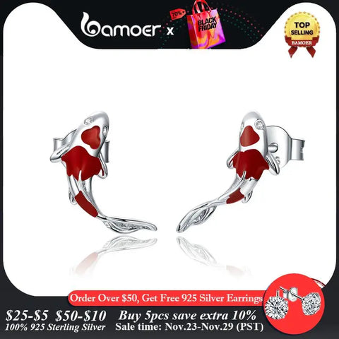 bamoer Fish Red Enamel Stud Earrings for Women 925 Sterling Silver Spring Koi Ear Studs Festival Silver Fashion Jewelry SCE812