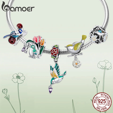 BAMOER Genuine 925 Sterling Silver Flower & Bird Charms Grain Rain Pendant fit Women Snake Bracelet & Bangle Spring Jewelry Gift