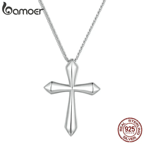 BAMOER Platinum Plated 925 Solid Sterling Silver Classic Cross Pendant Crucifix Necklace Faithful For Women Girls
