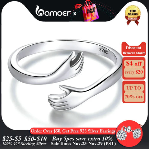 bamoer 925 Sterling Silver Hug Warmth and Love Hand Adjustable Ring for Women Party Jewelry, His Big Loving Hugs Ring 3 Colors