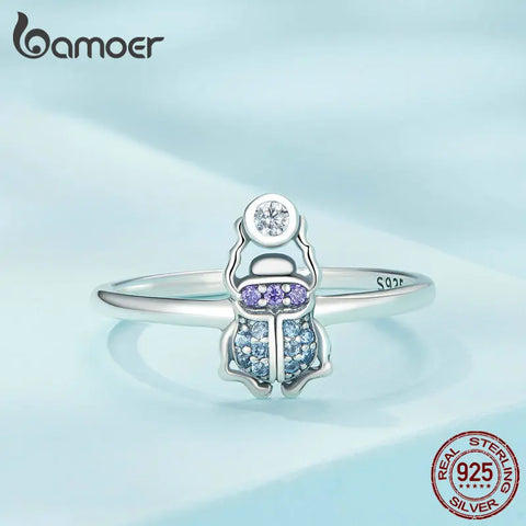 Bamoer 925 Sterling Silver Scarab Opening Ring Insect Adjustable Finger Ring for Women Pave Setting CZ Fine Jewelry SCR903
