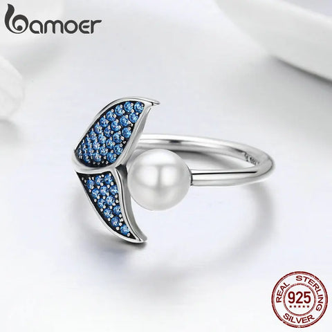 Bamoer 925 Sterling Silver Blue CZ Dolphin Tail Opening Finger Ring Shell Pearl Adjustable Ring for Women Jewelry Gift SCR286