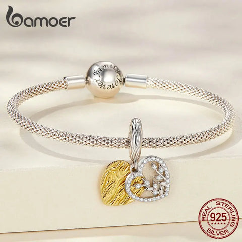 Bamoer 925 Sterling Silver Heart-shaped Leaf Pendant fit for Women DIY Bracelet & Bangle Plated Gold Heart Charms Fine Jewelry