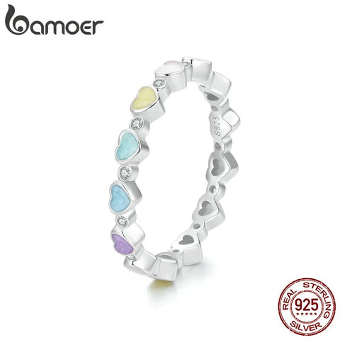 BAMOER 925 Sterling Silver Rainbow Heart Finger Ring Stackable Zircon Ring for Women Trendy Fashion Jewelry Gift