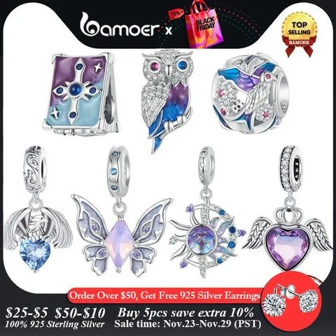 Bamoer 925 Sterling Silver Magic Butterfly Charms Sun and Moon Beads Fit Women Original Bracelets DIY Jewelry Accessories