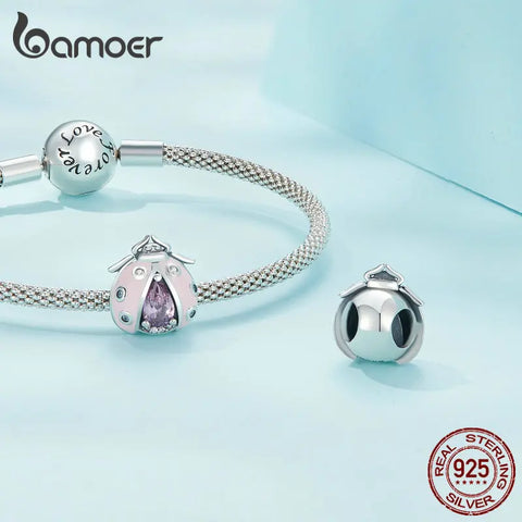 Bamoer 925 Sterling Silver Pink Enamel Ladybird Beads Pink Zircon Ladybug Charms for Women Bracelet and Bangle DIY Fine Jewelry