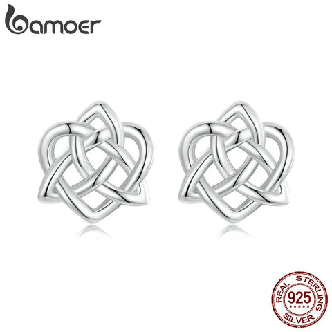 BAMOER 925 Sterling Silver Celtic Knot Ear Studs Earrings Heart Shape Twisted Line Earrings for Women Trendy Jewelry Gift