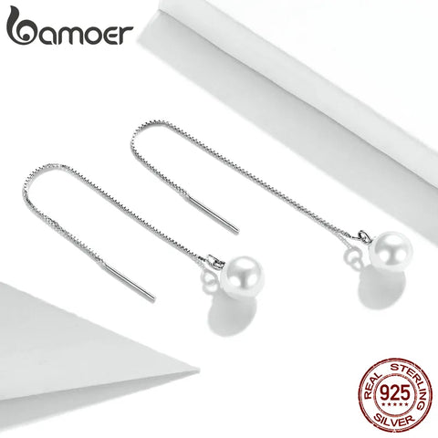 Bamoer 925 Sterling Silver Elegant Long Tassel Pearl Drop Earrings for Women Gift Light Luxury Temperament Earrings Jewelry