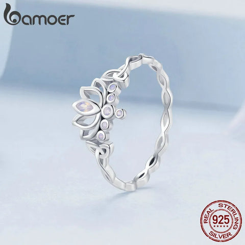 Bamoer 925 Sterling Silver Lotus Ring Elegant Flower Ring for Women Party Platinum Plated Fine Jewelry BSR487