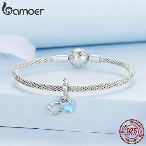 Bamoer 925 Sterling Silver Eternal Sisterhood Hanging Bead Forever Sister Pendant Charms for Women Bracelet Necklace DIY BSC705