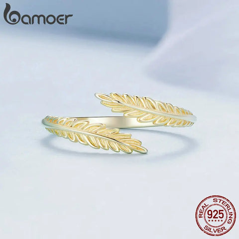 Bamoer 925 Sterling Silver Gold Leaf Opening Ring Simple Leaves Vine Adjustable Ring for Women Chic Fine Jewelry
