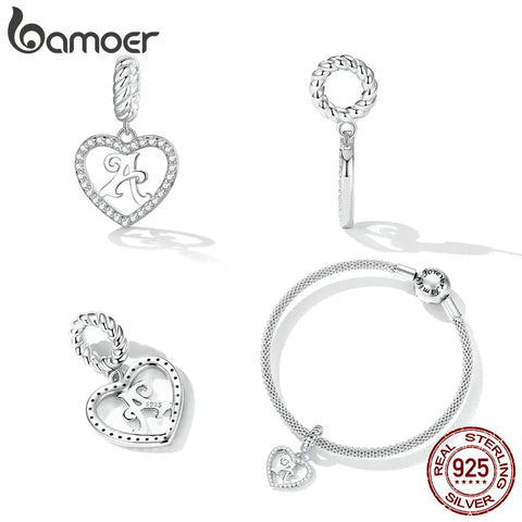 Bamoer 925 Sterling Silver Delicate Heart Pendant Letter A to Z Charms fit for DIY Bracelet & Necklace Alphabet Beads