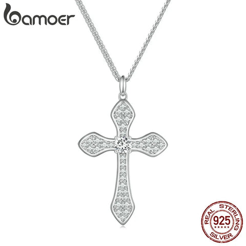 BAMOER White Gold Plated 925 Solid Sterling Silver Cubic Zirconia Cross Pendant Crucifix Necklace Faithful For Women Girls