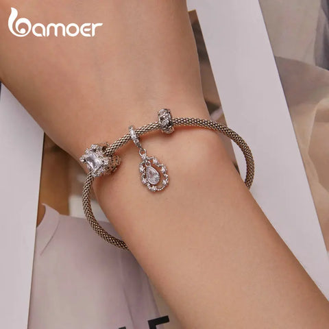 Bamoer 925 Sterling Silver Rococo Hanging Bead Waterdrop Zircon Flower Pendant Charms for Women Bracelet and Necklace DIY