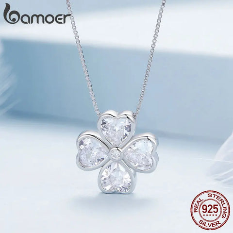 Bamoer 925 Sterling Silver Heart Shapped Lucky Four Leaf Clover Pendant Necklace Black Love Cross Neck Chain for Women