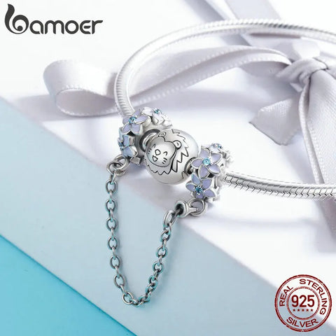 Bamoer 925 Sterling Silver Rose Flower Garland Safety Chain Pink Heart CZ Stopper Charms for Women Bracelet DIY Fine Jewelry