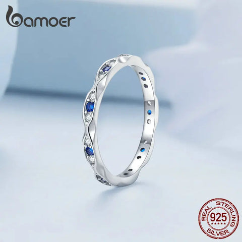 Bamoer 925 Sterling Silver Blue Zircon Demon Eye Ring Lucky Devil Eye Band for Women Simple Fashion Jewelry Gift