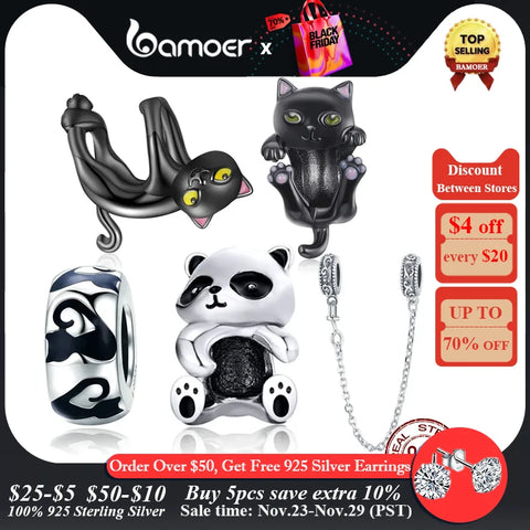 bamoer 925 Sterling Silver Cartoon Black Cat Charm Beads Fit Orignal Bracelet & Bangle Pet Pendant DIY Making Gift Fine Jewelry