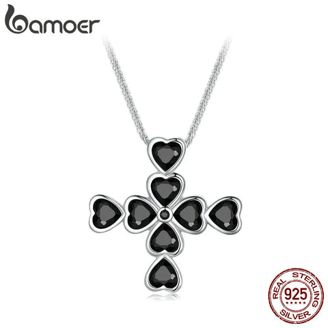 Bamoer 925 Sterling Silver Heart Shaped Black Zircon Cross Pendant Necklace Lucky Guard Neck Chain for Women Fine Jewelry Gift