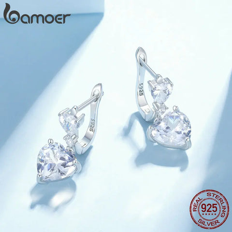 Bamoer 925 Sterling Silver Exquisite Heart-Shaped Zircon Ear Buckles Cubic Zirconia Hoop Earrings for Women Luxury Fine Jewelry