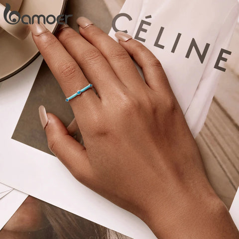 Bamoer 925 Sterling Silver Adjustable Delicate Turquoise Ring for Women Beach Holiday Band Ring Women Statement Jewelry Gift