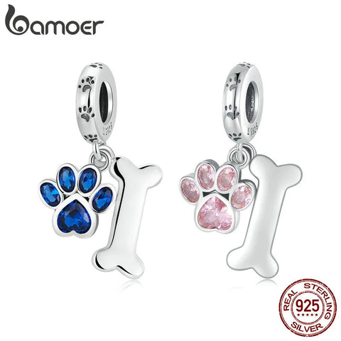 Bamoer 925 Sterling Silver Dog Paw & Bone Pendant Fit for DIY Making Bracelet or Bangle Blue Zirconium Paw Charms Fine Jewelry
