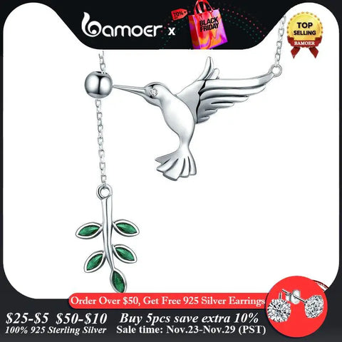 BAMOER Authentic 925 Sterling Silver Spring Bird & Tree Leaf Leaves Dangle Pendant Necklace for Women Silver Jewelry SCN217