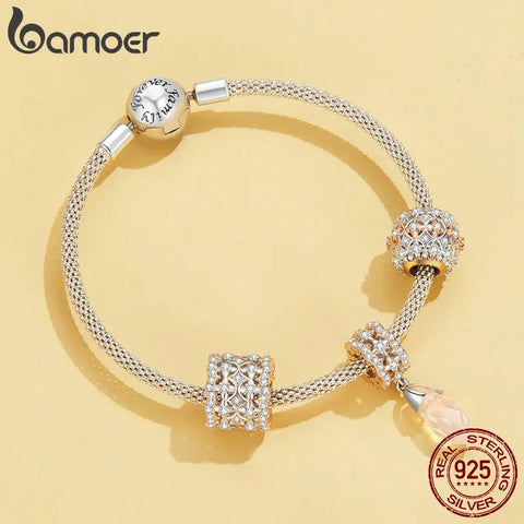 Bamoer 925 Sterling Silver Luxury Zircon Hollowed-out Heart Charm Rose Gold Plated Autumn Bead for Women Bracelet and Bangle DIY