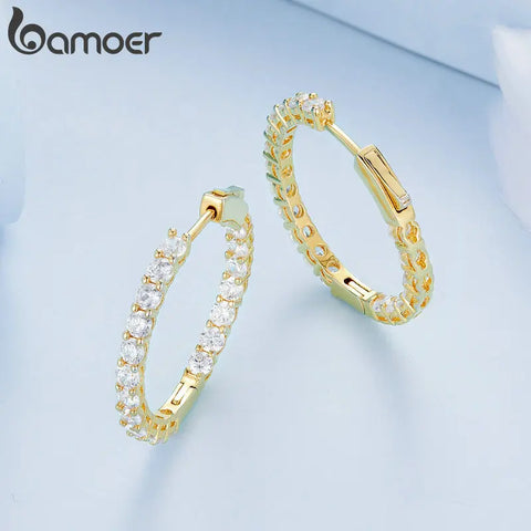 Bamoer Luminous Cubic Zirconia Ear Buckles Classic Round Hoop Earrings for Women Birthday Gift Hyperbole Earrings Jewelry