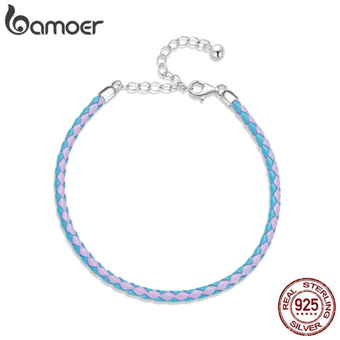 Bamoer 925 Sterling Silver Adjustable Simple Leather Bracelet for Women Fine Jewelry Basic Blue & Pink Bracelet Rope Gift SCB243