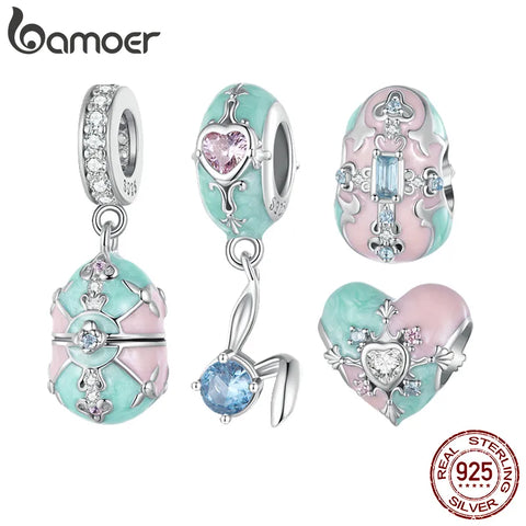 Bamoer 925 Sterling Silver Easter Egg Hanging Bead Rabbit Silicone Charms for Women Bracelet and Necklace DIY Fine Jewelry