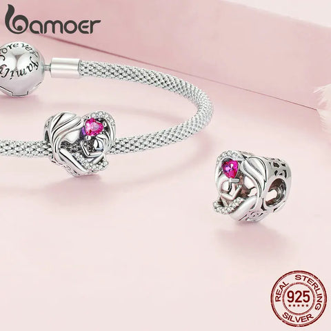 Bamoer 925 Sterling Silver Pink Zircon Mother-child Affinity Bead Charm for Women Bracelet Bangle DIY Mother's Day Gift BSC685
