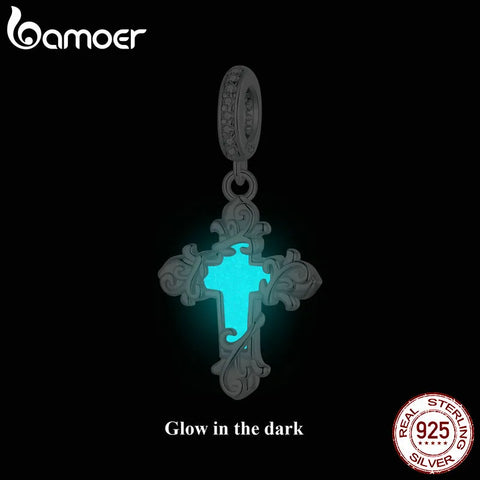 BAMOER 925 Silver Charm Cross Glowworm Light Pendant Fit Original Charm Bracelet Diy Jewelry Accessories